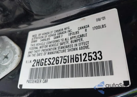 2001 Honda Civic Ex z USA, uszkodzony, nr VIN 2HGES26751H612533